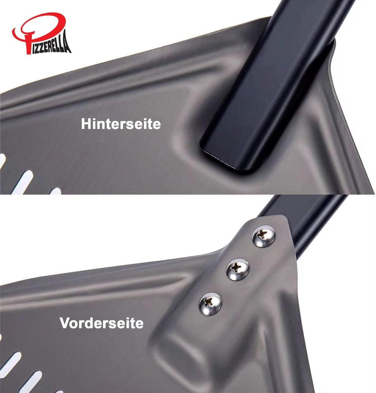PIZZERELLA® Premium Pizzaschieber mit Gratis Pizzaschneider - 30 x 35,5 x 66 cm cm Perforierte Schaufel aus Harteloxiertem Aluminium -Rechteckige Profi-Schaufel mit Verlängertem Silikongriff