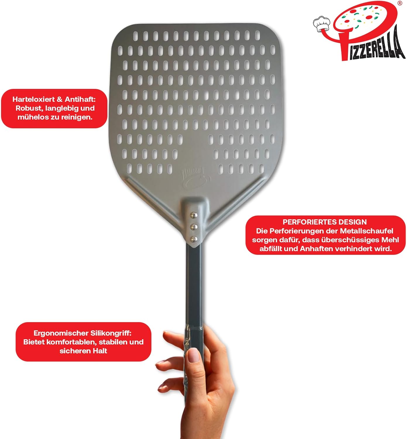 PIZZERELLA® Premium Pizzaschieber mit Gratis Pizzaschneider - 30 x 35,5 x 66 cm cm Perforierte Schaufel aus Harteloxiertem Aluminium -Rechteckige Profi-Schaufel mit Verlängertem Silikongriff