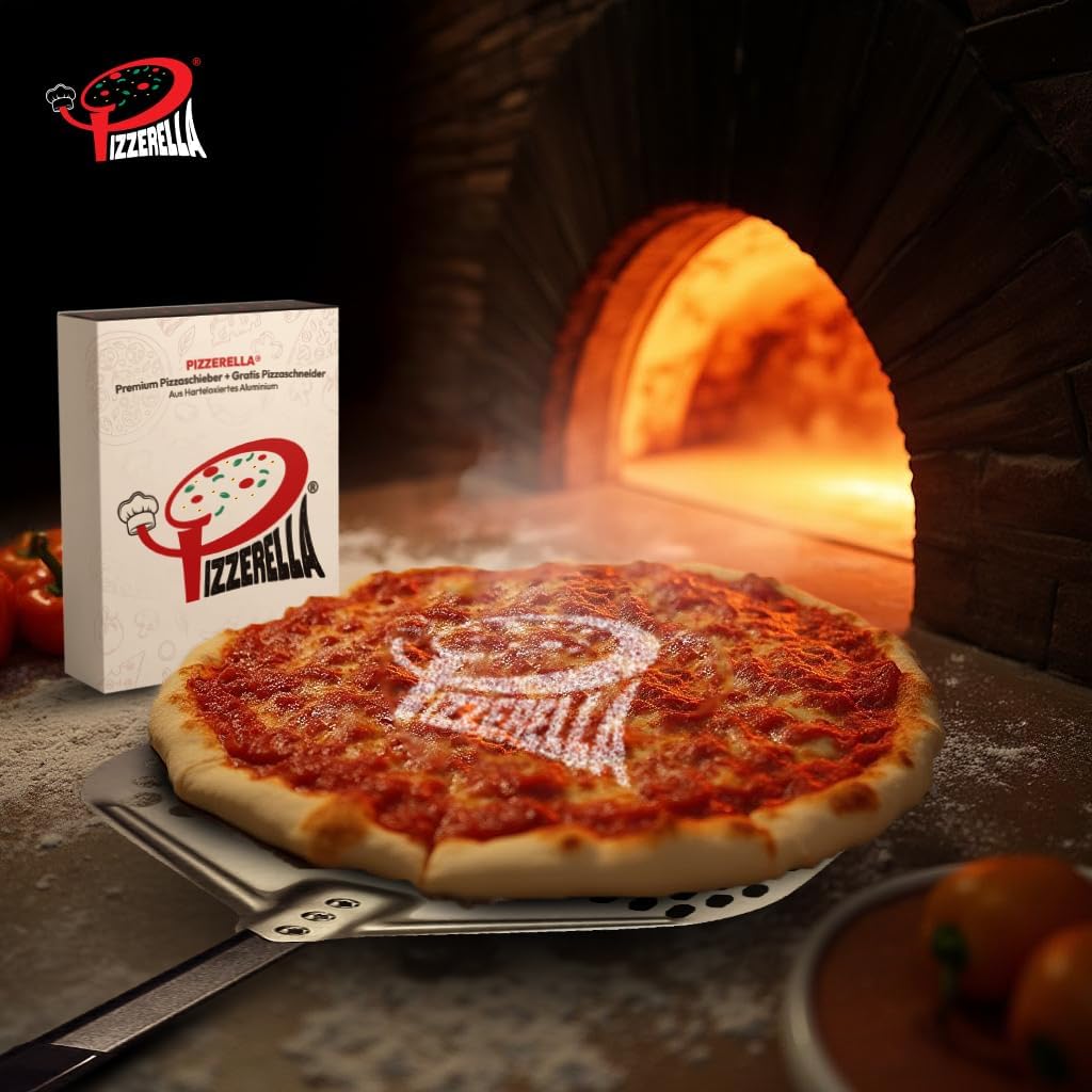 PIZZERELLA® Premium Pizzaschieber mit Gratis Pizzaschneider - 30 x 35,5 x 66 cm cm Perforierte Schaufel aus Harteloxiertem Aluminium -Rechteckige Profi-Schaufel mit Verlängertem Silikongriff