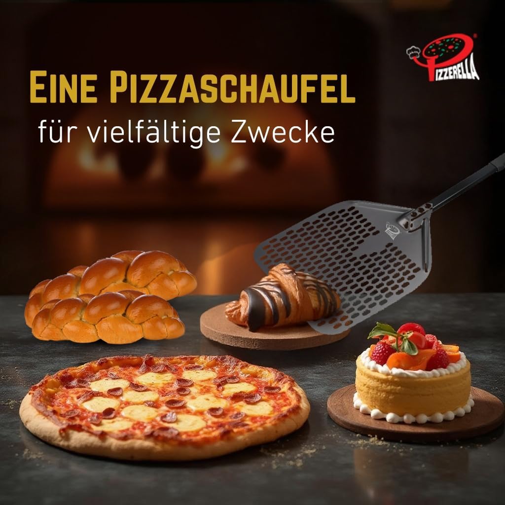 PIZZERELLA® Premium Pizzaschieber mit Gratis Pizzaschneider - 30 x 35,5 x 66 cm cm Perforierte Schaufel aus Harteloxiertem Aluminium -Rechteckige Profi-Schaufel mit Verlängertem Silikongriff