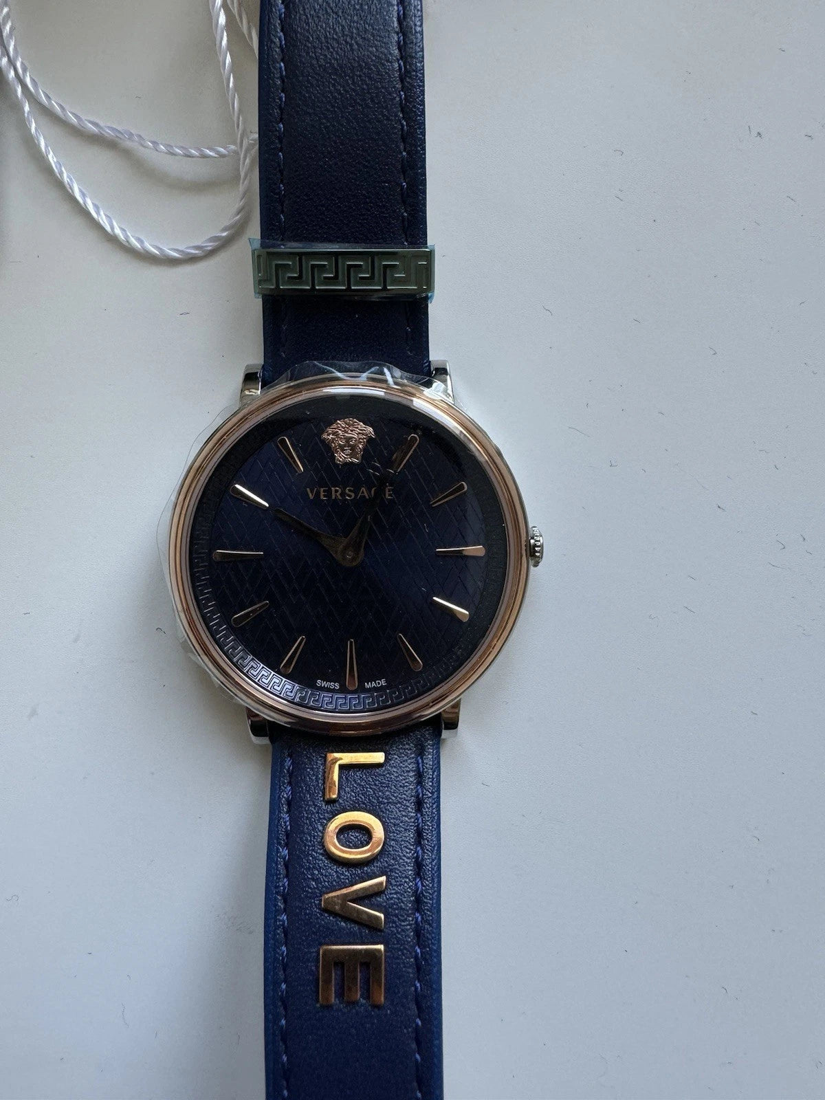 Versace VBp090017Circle Lady gold blau Leder Armband Uhr Damen NEU