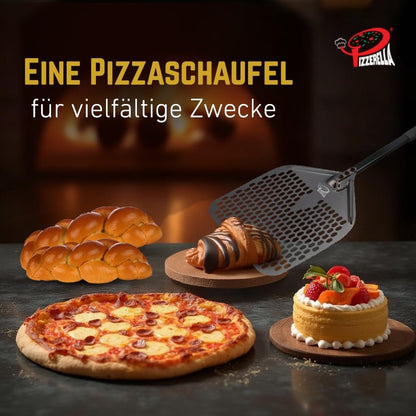PIZZERELLA® Premium Pizzaschieber mit Gratis Pizzaschneider - 30 x 35,5 x 66 cm cm Perforierte Schaufel aus Harteloxiertem Aluminium -Rechteckige Profi-Schaufel mit Verlängertem Silikongriff