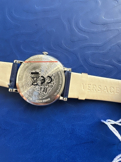 Versace VBp090017Circle Lady gold blau Leder Armband Uhr Damen NEU