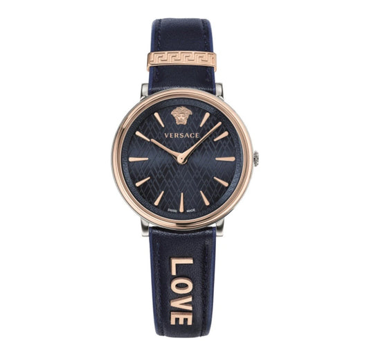 Versace VBp090017Circle Lady gold blau Leder Armband Uhr Damen NEU